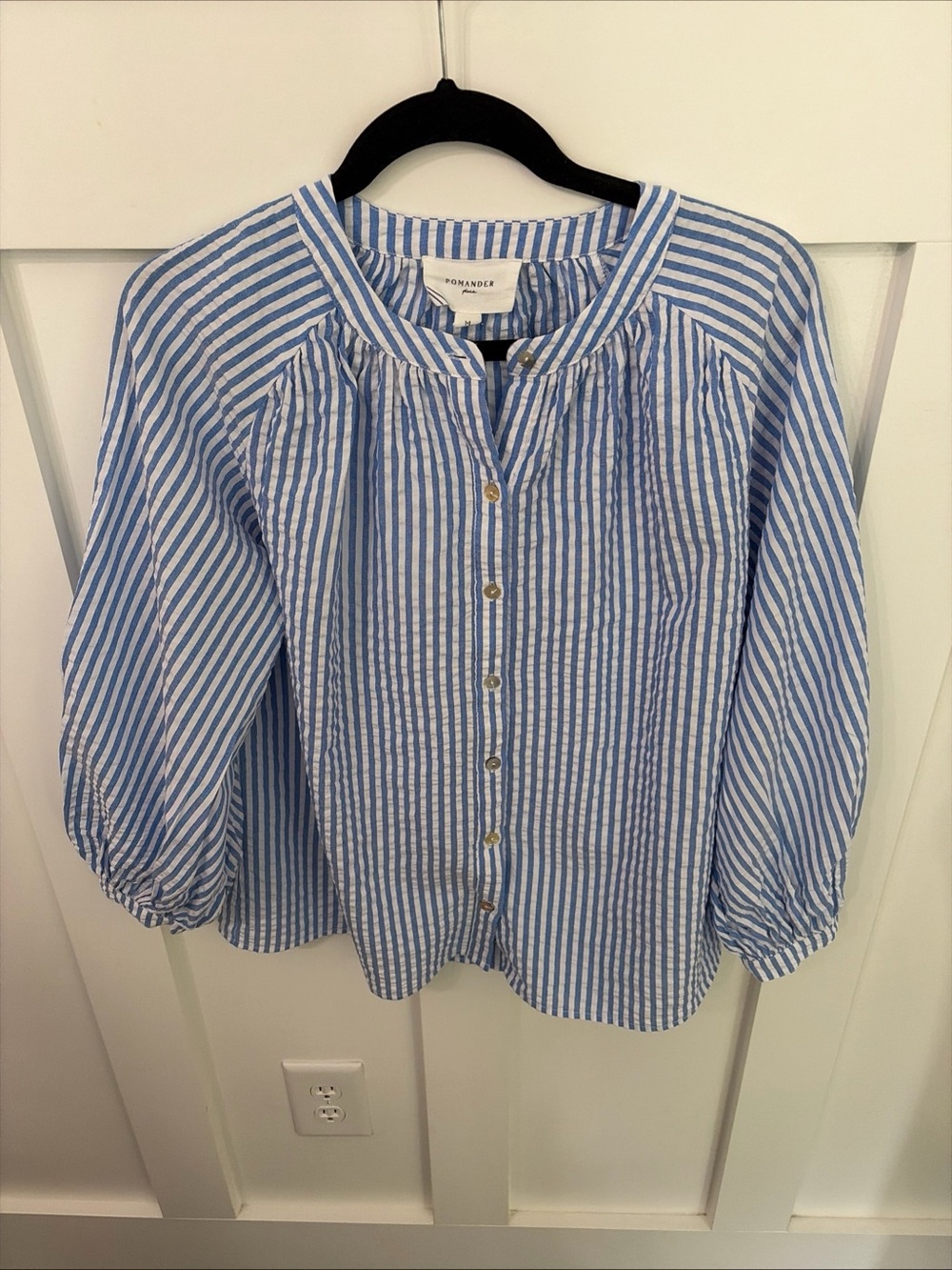 Pomander Place Blue and White Striped Button-Down seersucker Blouse